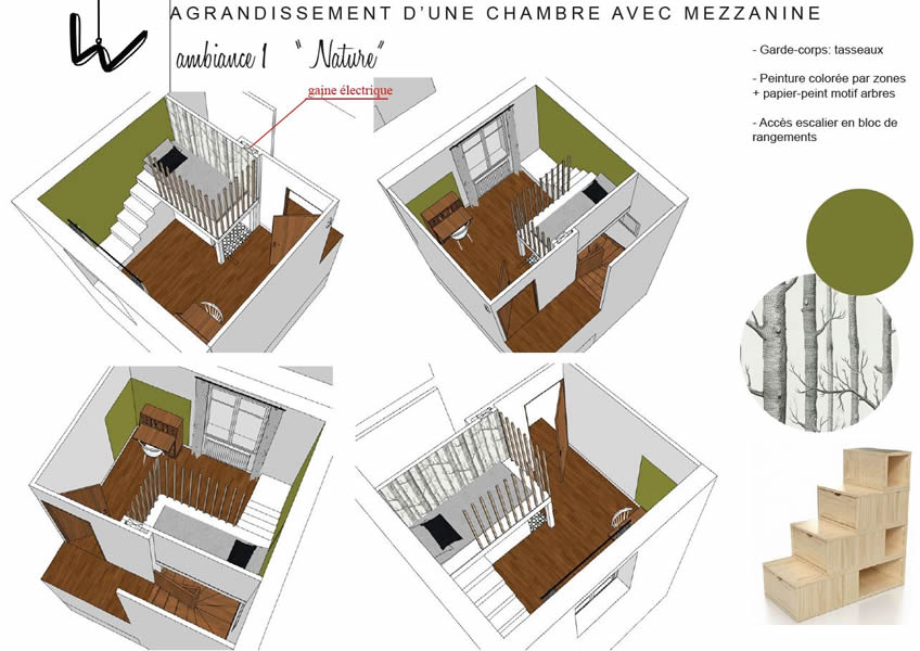 idee chambre garçon nature alcove mezzanine arbre vert tasseaux